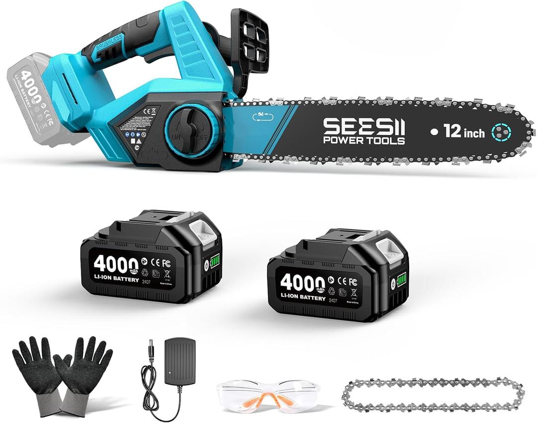 SEESII Electric Chainsaw Cordless 12-inch, Handheld Chain Saws with 2 x 4.0Ah Battery, Tree Saw with Tool-free Chain Tension, Auto Oiling for Wood Cutting Trimming Branch