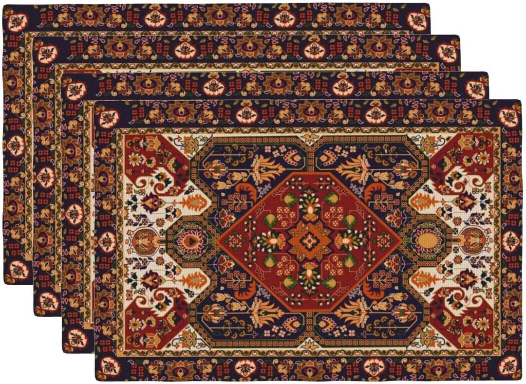 Persian Carpet Design Placemats Set of 4 Tribal Texture Linen Washable Placemat Boho Persian Rust Carpet Kitchen Dining Heat-Resistant Place Mats Desktop Decor Table Mats 12x18 Inch (Black)