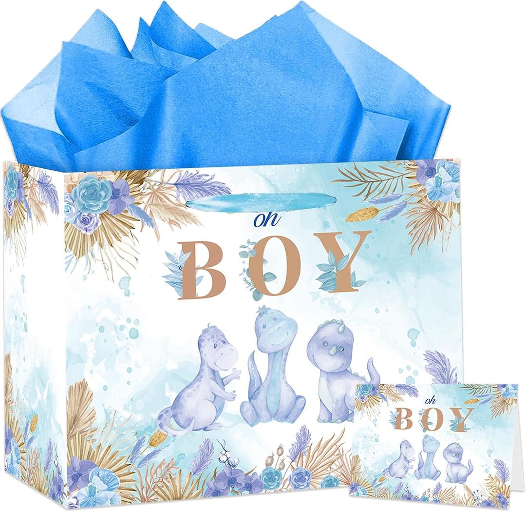 HZRNNA It's A Boy Gift Bag, Dinosaur Gift Bag with Card and Tissue Paper, Baby Shower Wrap Bag for Baby Boys, Newborn, Gender Reveal, Dinosaur Theme Birthday Party Decoration Supplies