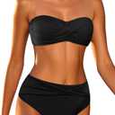 Tempt Me Women Bandeau Bikini Set Twist Strapless Two Piece Swimsuit High Cut High Waisted Bathing Suits (Large, Black)