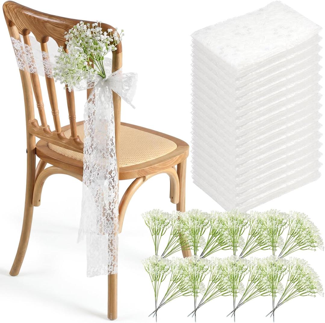 Moukeren 24 Sets White Lace Chair Sashes with Artificial Baby's Breath, 8.2ft Wedding Aisle Pew Decorations Church Ceremony Chair Ribbons for Bridal Shower Banquet Party Decor