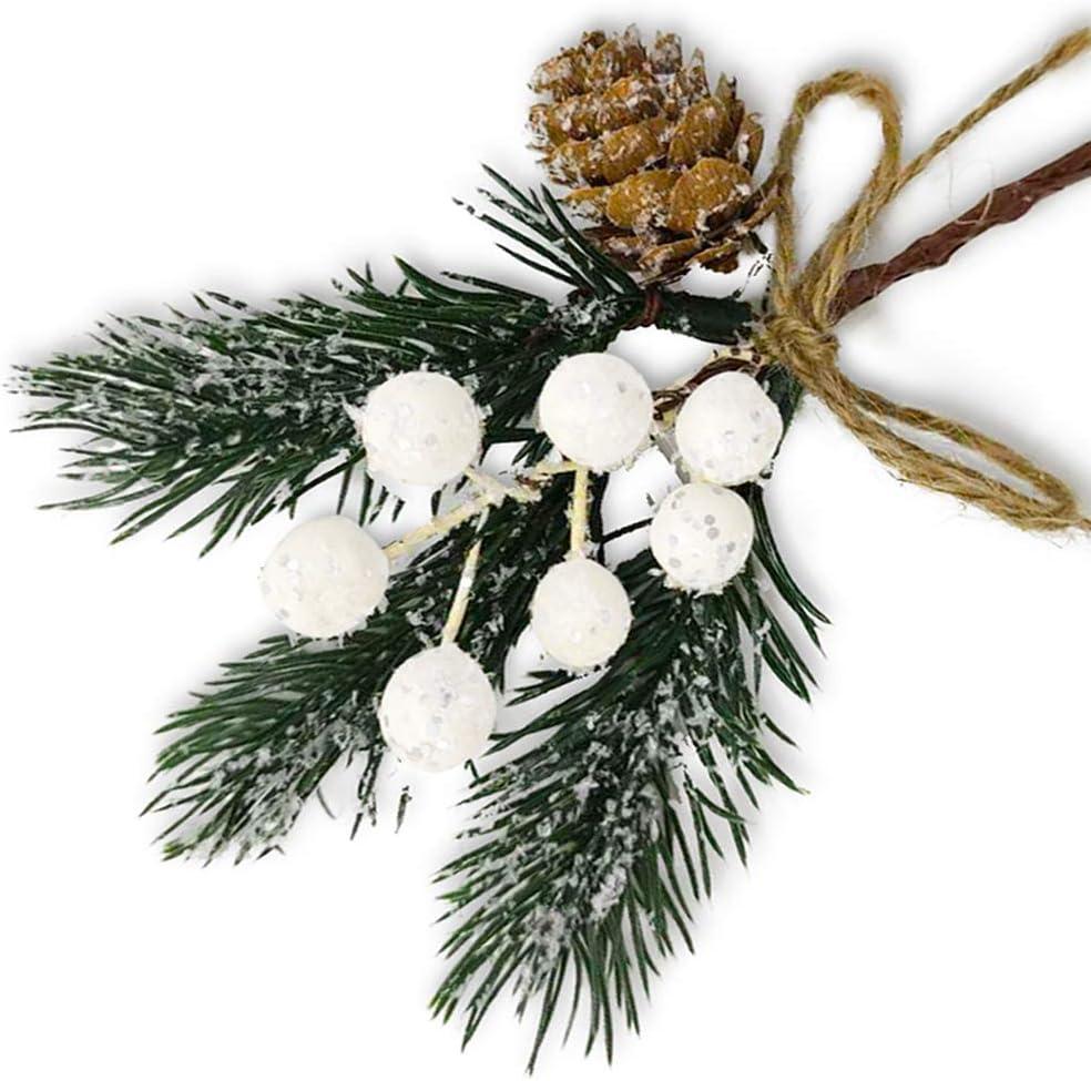 MEMOVAN Artificial Christmas Picks 8 Pack, White Christmas Berries Stems Pine Branches Cones Holly Spray/Winter Holiday Floral Pick for Xmas Decor Wreath, Garland, Crafts, Xmas Tree, Gift Wrap