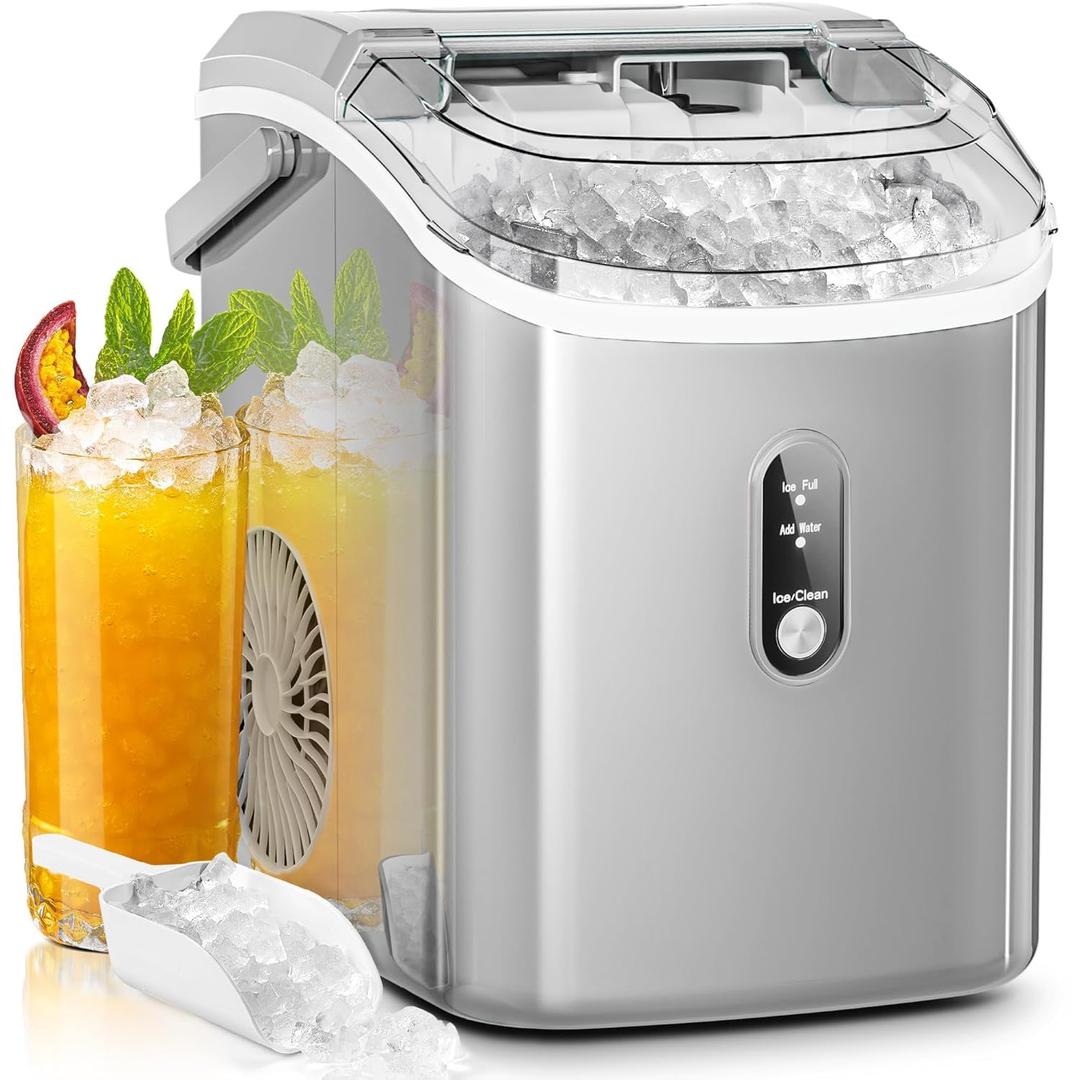 AGLUCKY Nugget Ice Maker Countertop,35lbs/24H,Portable Pebble Ice Machine with Handle,Self-Cleaning Function,Pellet Ice Maker for Home/Kitchen/Office(Grey) (35lbs/Day)