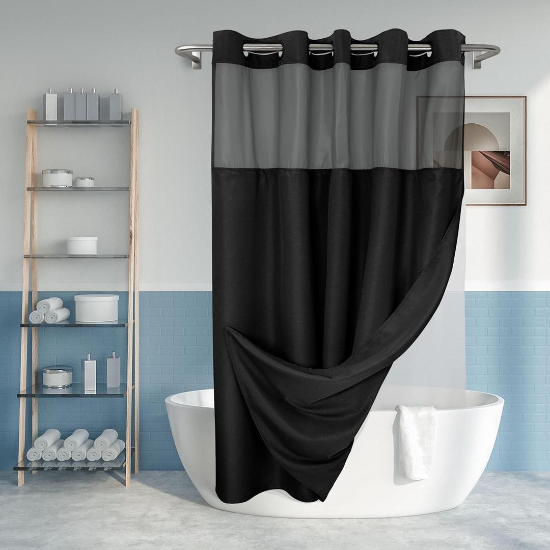 River Dream Long No Hook Slub Textured Shower Curtain with Snap-in PEVA Liner Set - 71" x 80"(78"), Hotel Style with See Through Top Window, Black Fabric Curtain & Waterproof Liner, Black, 71x80