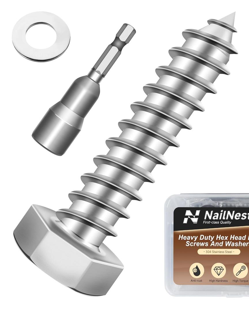 (1Box) 5/16" x 1-1/2" Hex Head Lag Screws Bolts with Flat Washers, 15Sets 304 Stainless Steel 18-8 Heavy Duty 5/16 Lag Bolts for Wood with Hex Socket