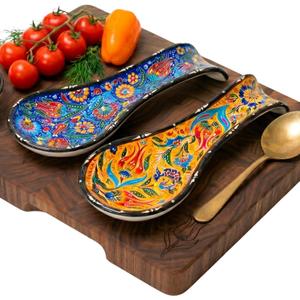 Handcrafted Turkish Ceramic Spoon Rest Set of 2-9" Large Spoon Holder for Stove Top - 100% Lead-Free & Heat Resistant - Decorative Ottoman Tulip Patterned Utensil Rest - Dishwasher Safe