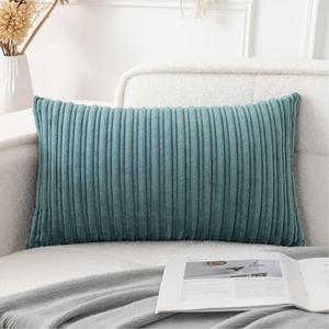 UGASA Velvet 12x20 Inch Lumbar Soft Throw Pillow Cover Boho Farmhouse Decorative Corduroy Striped Both Sides Solid Rectangular Cushion Case for Couch Bedroom Sofa Home, 1 Piece, Blue Grey