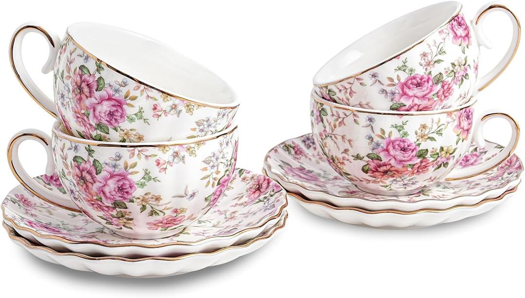 Tea Cup and Saucers, 6.4oz Floral Tea Cups with Gold Trim, Porcelain Bone China Teacup, Coffee Cappuccino Espresso Latte Mugs for Party Birthday,Party Cafe Home, Christmas Gift (White)
