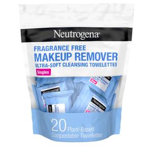 Neutrogena Fragrance-Free Makeup Remover Wipes Singles, Individually Wrapped Face Towelettes, Gently Remove Dirt, Oil, Waterproof Mascara & Makeup, Alcohol-Free Daily Face Wipes for Travel, 20 ct