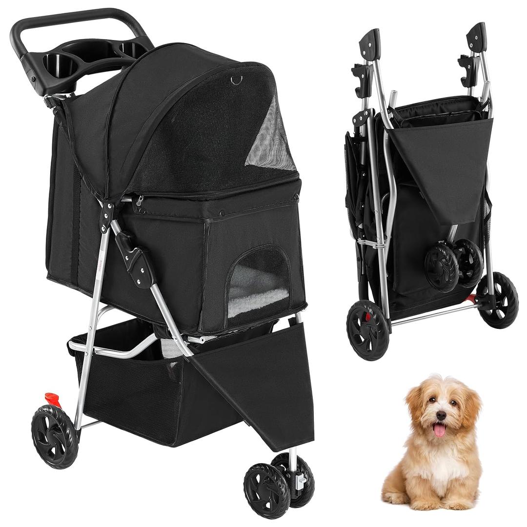 3 Wheel Pet Stroller for Dogs and Cats, Foldable, Lightweight and Durable, Ideal for Small to Medium Pets, Includes Storage Basket and Cup Holders, Black