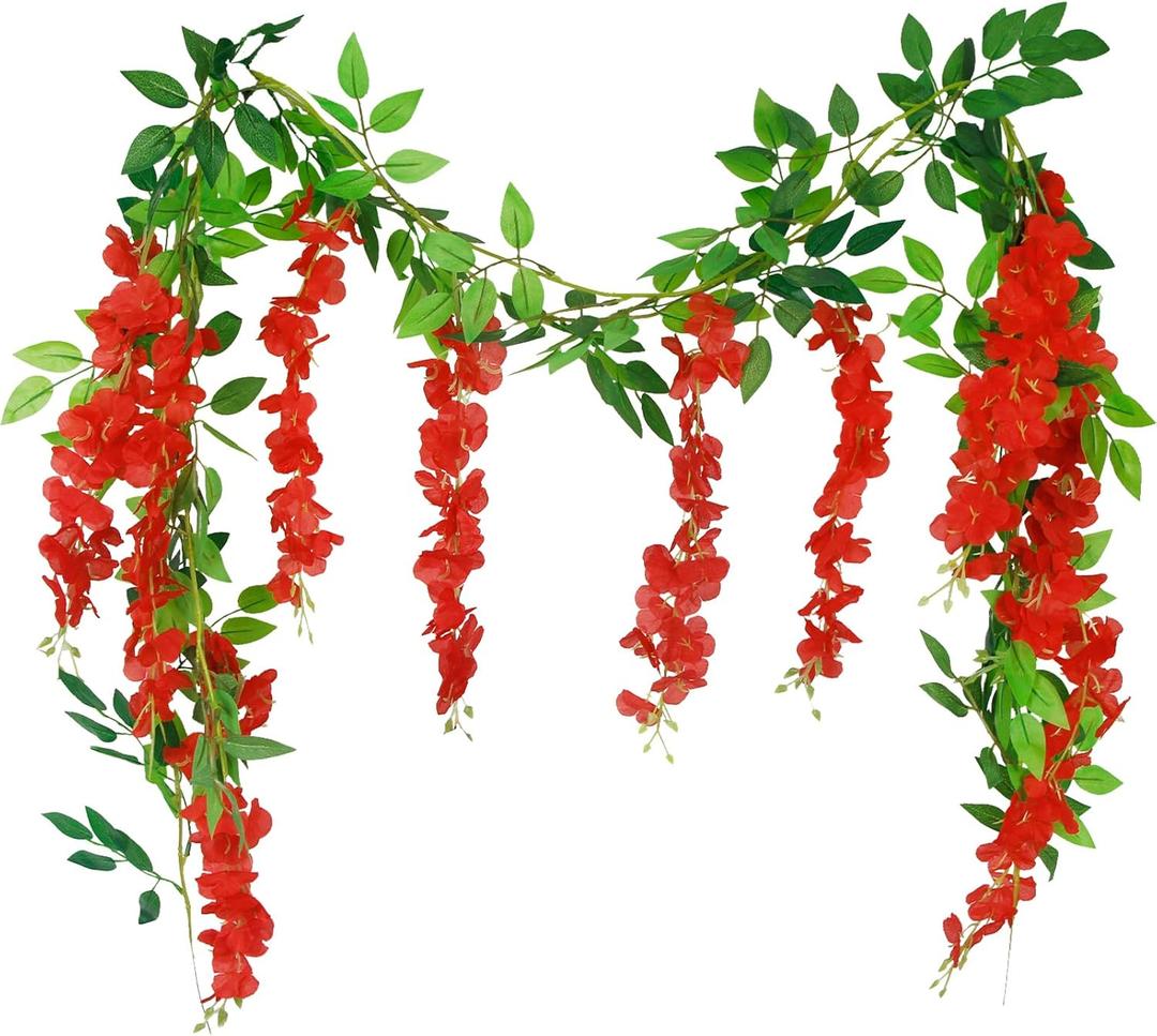 2 Pcs Wisteria Garland Artificial Flowers Wisteria Hanging Flowers Garland Red 12 Ft Fake Greenery Silk Hanging Flower Vines for Wedding Arch Party Baby Shower Outdoor Indoor Ceremony