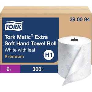 Tork Matic Extra Soft Paper Hand Towel Roll White with Blue Leaf H1, Premium, High Absorbency, 6 Rolls x 300 ft, 290094