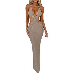 Women Sexy V Neck Bodycon Sweater Dress Knitted Halter Backless Hollow Out Waist Maxi Dress Party Club Long Dresses (Small, Khaki)