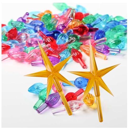 Gold Star Tree Topper Kit | Pack of 102 Mini Acrylic Twist Bulbs and Star Toppers for Ceramic Trees (Bulbs: 1" x 1/4"; Stars: 2-1/2" W x 3-3/4" H)