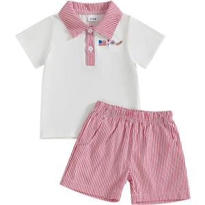 Baby Boy Girl 4th of July Outfit Short Sleeve American Flag Embroidery Polo Shirt Striped Shorts Summer Clothes (Red)