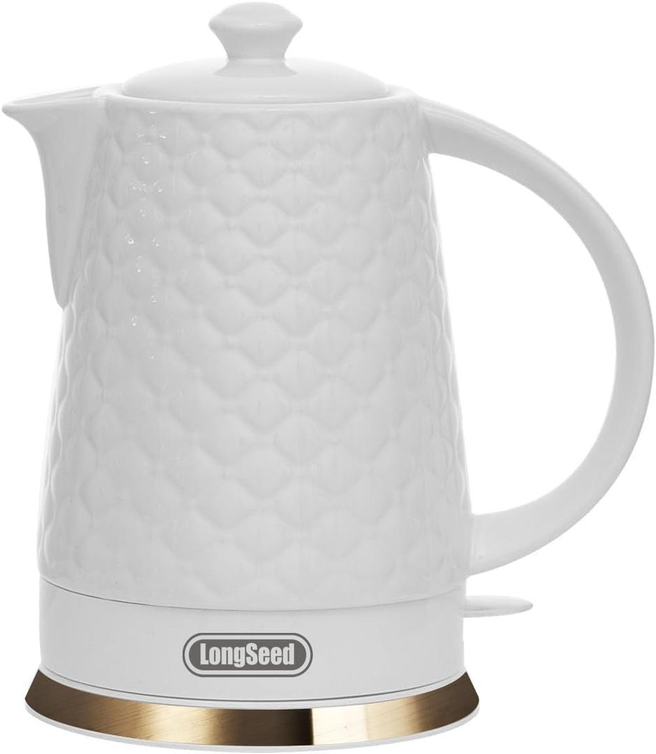 LONGSEED Ceramic Electric Kettle, 1.5L/1200W Boil Water Quickly and Easily with BoilDry Protection Auto Shut Off, Detachable Swivel Base, White Relief Carving