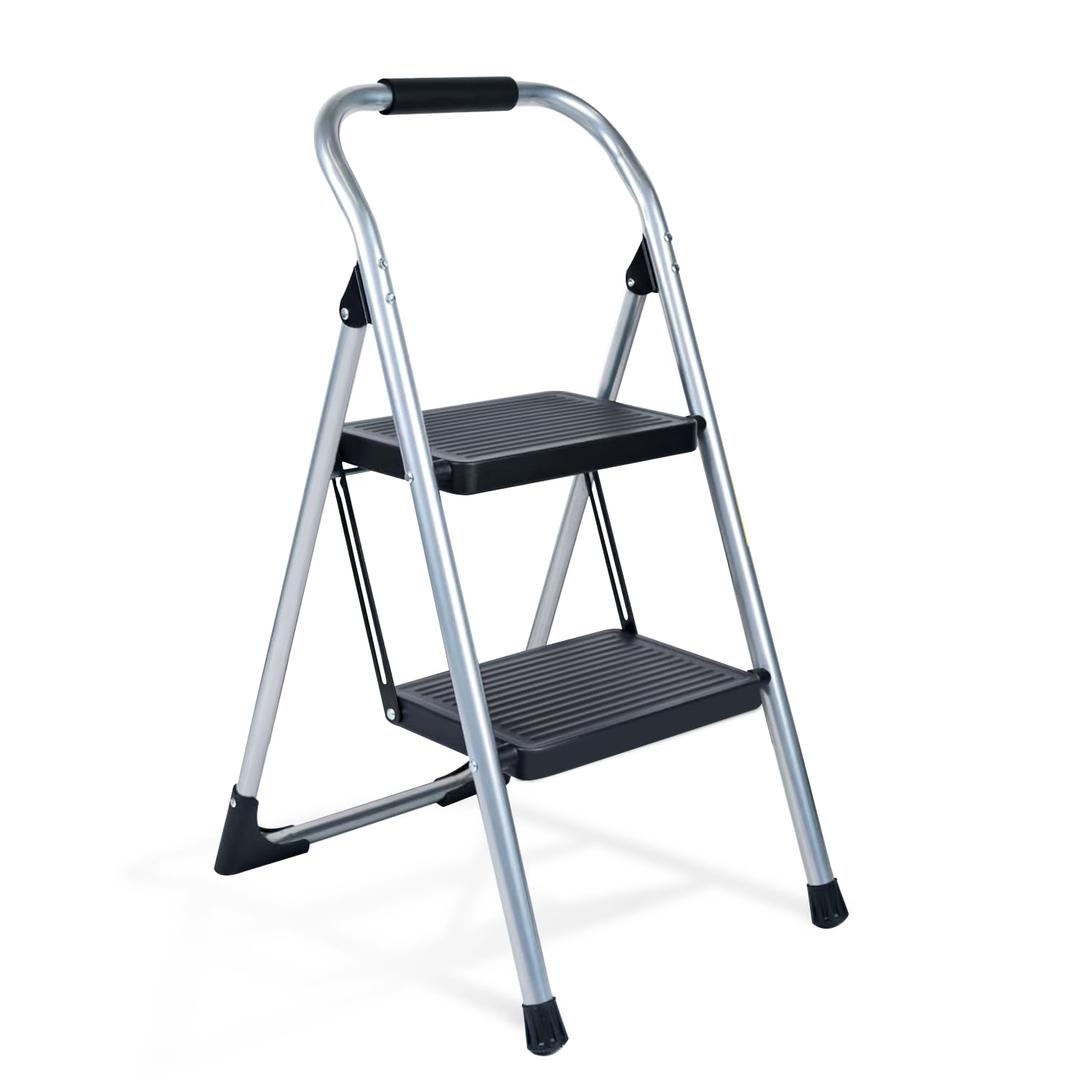 Step Stool for Adults,2 Step Ladder Folding 330lbs Anti Slip Step Stool,Foldable Ergonomic 2 Steel Stool with Wide Pedal for Home, Kitchen, Office (Sliver)