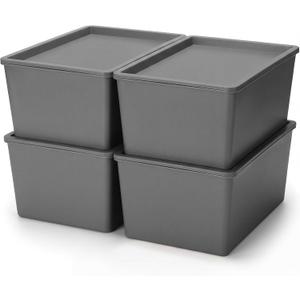 4 Pcs Storage Bins with Lids Plastic Stackable Containers for Classroom Room Organizing Shelves Christmas Ornament Box Baskets(Gray,Large)
