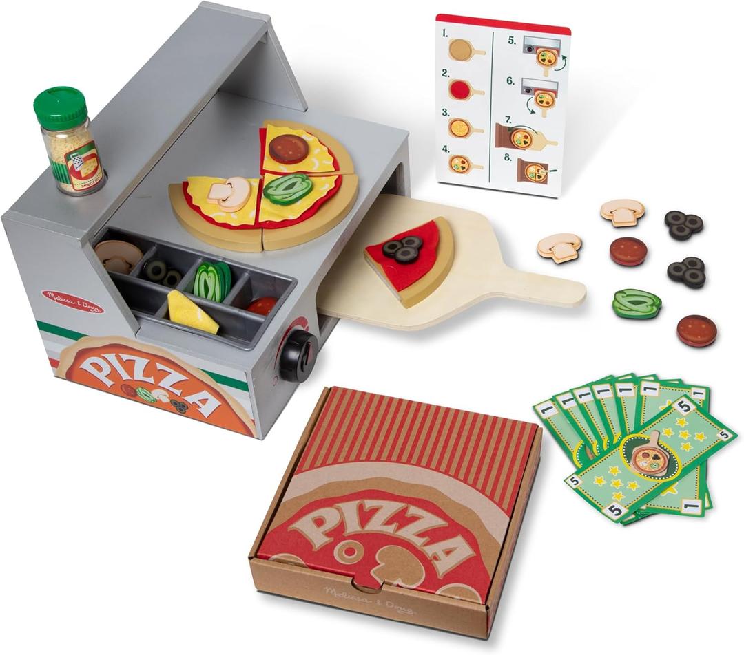 Melissa & Doug Top & Bake Wooden Pizza Counter, Kids Kitchen Playset with Play Food & Play Kitchen Accessories, Preschool Toys for Girls & Boys Ages 3+ - FSC Certified