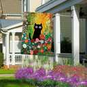 Spring Summer House Flag 28x40 Inch Double Sided Outside Black Cat Colorful Floral Flowers Seasonal Holiday Yard Porch Outdoor Decoration