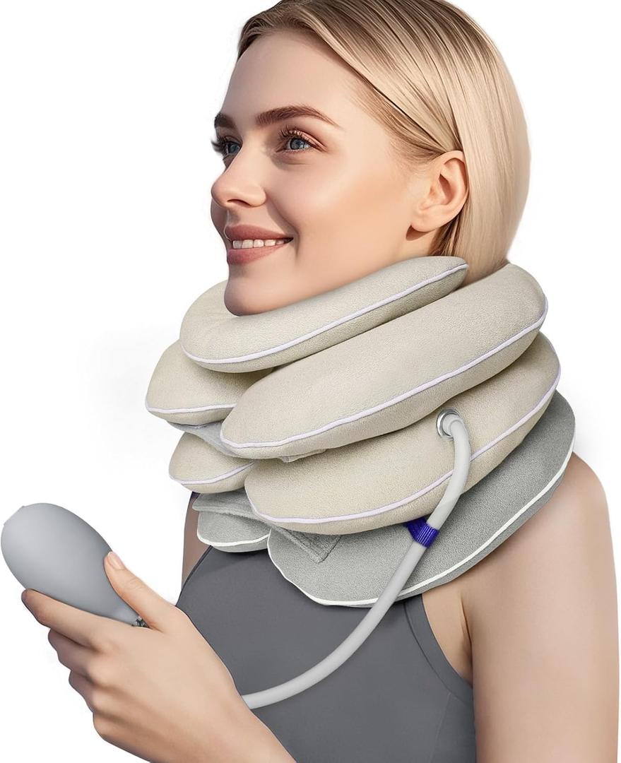Neck Stretcher with Brace - Inflatable Cervical Traction Device for Neck Pain Relief, Adjustable Neck Decompression Tool with Breathable Fabric, Home Use Neck Traction Pillow (Gray)