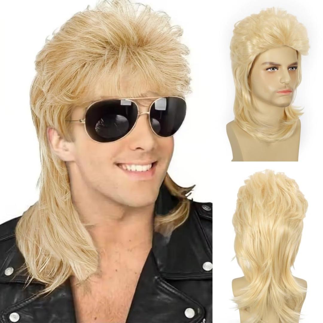 Blonde Mullet Wigs for Men 80s Rocker Wig Costumes Fancy Party Cosplay Halloween Wig