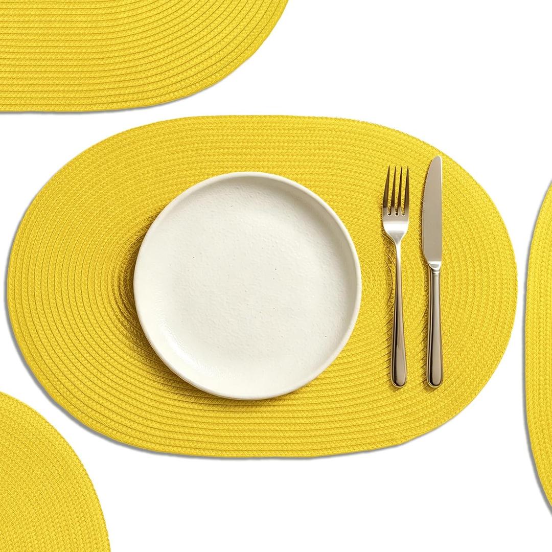 AHHFSMEI Placemats Set of 4 for Dining Table Washable Woven Non-Slip 18x12 inches Placemat Heat-Resistant Durable Table Mats for Dining Table Easy to Clean (Oval Yellow, 4)