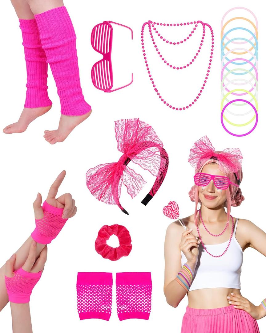 80s 90s Outfit Costume Accessories for Women Rave Outfits, 80s Party Lace Headband Necklace Accessory Sets for Festival Outfits Masquerade Retro Party Pink
