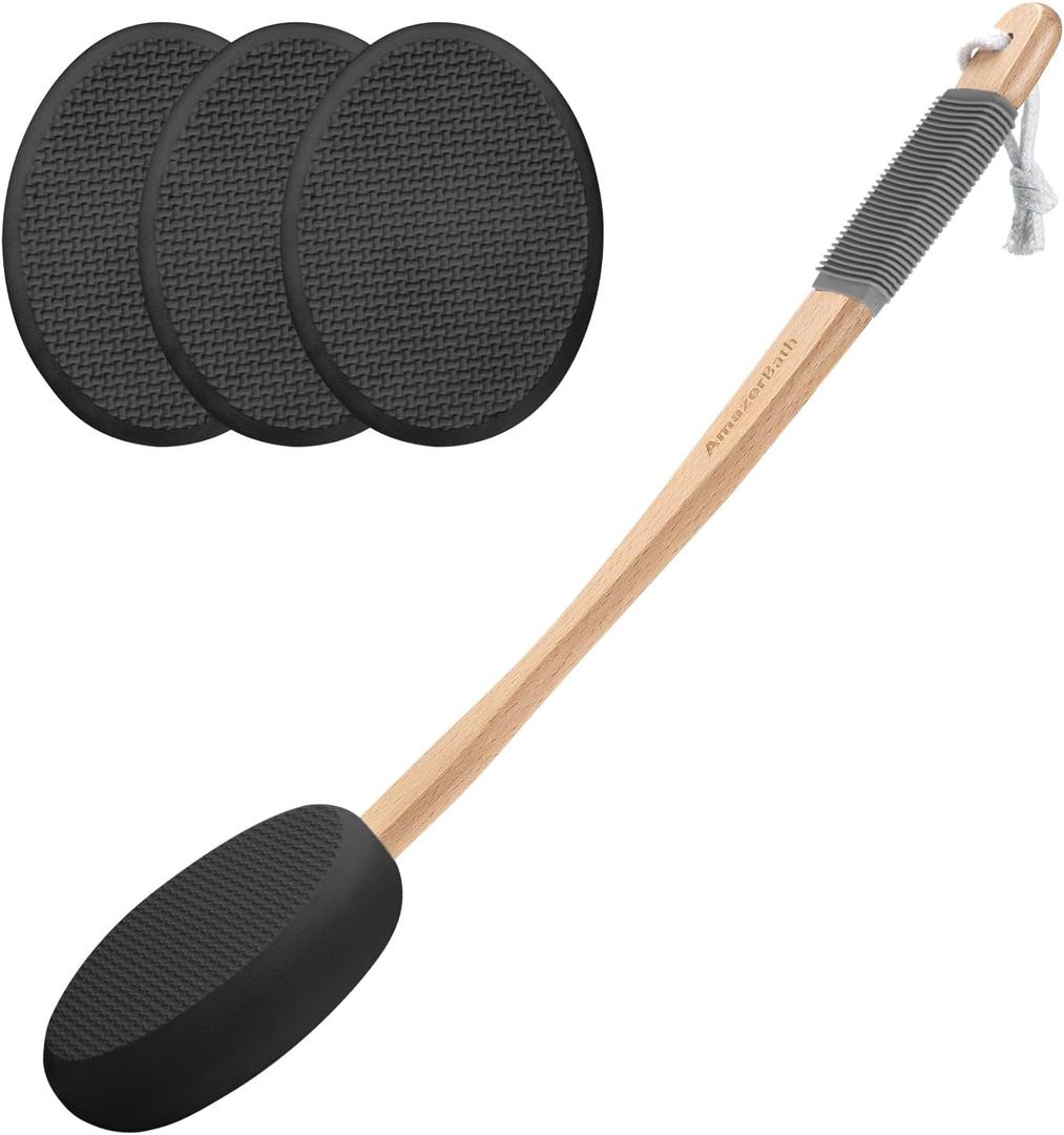 AmazerBath Lotion Applicator for Back, Feet, 4 Replacement Pads with 17" Curved Handle, Back Sunscreen Applicator for Kids, Elderly, Women, Apply Skin Cream Medicine Moisturizer Tanner, Black
