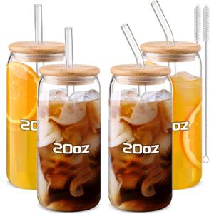 DWTS DANWEITESI Glass Cups 20oz,Glass Cups with Lids and Straws 4 pcs-Coffee Cups,Drinking Glasses Set,Glass Tumbler with Straw and Lid Gift 2 Cleaning Brushes