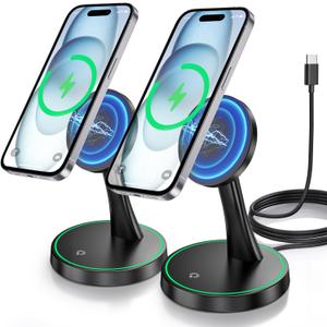 2 Pack Magnetic Wireless Charger Stand 15W Fast Mag-Safe Charger for iPhone iPhone 17 /17 pro/ 17 Air/ 17 pro max 16/15/14/13/12 Series Magnet Wireless Charging Station with Light for AirPods