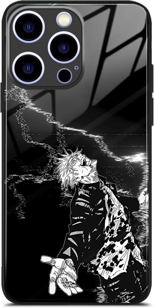 Japanese Anime Manga Case for iPhone 13 Pro Max, Aesthetic Tempered Glass Back Shockproof Protective Cover (Satoru JJK)