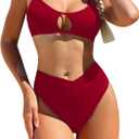 Lilosy Sexy High Waisted Cutout Ribbed V Cut Bikini Set 2 Piece Swimsuit (Large, Red)