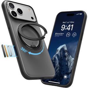 TORRAS 360 Magnetic Stand for iPhone 17 Pro Case, [Fit for MagSafe] [Rotatable Ring Kickstand] [4X MilGrade Shockproof] Slim Phone Cover, Camera Button, Obsidian Black, Translucent, Ostand O3 Fitness