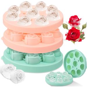 Hsei 2 Pieces 3D Rose Ice Mold 1.4 Inch Silicone Flower Ice Cube Trays Rose Silicone Mold for Freezer Whiskey Cocktails Juice Bourbon Mimosas, Dishwasher Safe, Pink, Green