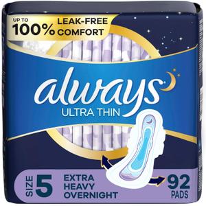 Always Ultra Thin Feminine Pads for Women, Size 5, Extra Heavy, Overnight Absorbency with Wings, 46 Count x 2 Packs (92 Count Total)