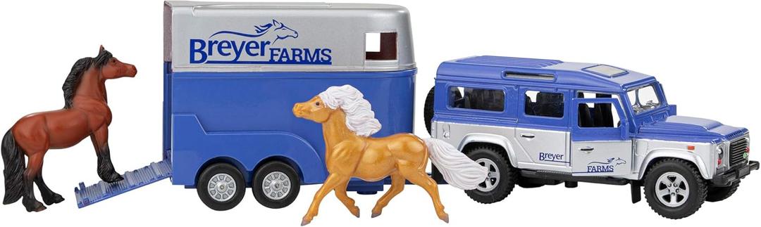 Breyer Horses Farms Land Rover and Tag-a-Long Trailer and Playset | Die Cast | 3.25 H x 10.5 L x 2.5 D | 2 Stablemates Horses Included | 1:32 Scale | Model #59216, Multi