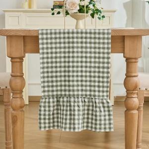Sage Green Gingham Plaid Ruffle Table Runner 72 Inches Long, 100% Washed Cotton Double Layer Farmhouse Dining Decor for Holiday, Home Party Wedding, 13 x 72 inches