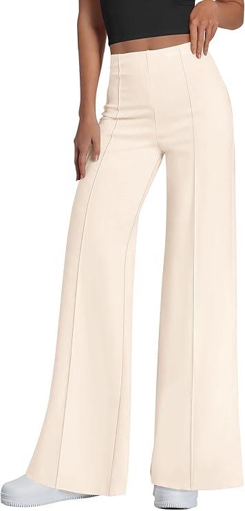 Women's High-Waist Wide Leg Pants - Elegant Off-White Trousers with Side Zipper, Pleated Front, Formal & Casual Wear, Size M