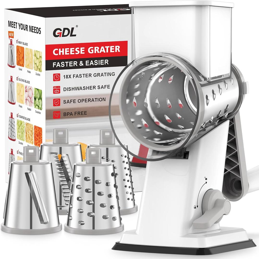 GDL Rotary Cheese Grater Hand Crank - Upgraded Cheese Shredder with 4 Interchangeable Blades, Rotary Grater with Non-slip Suction Base, Easy to Clean Kitchen Grater Slicer Grinder for Vegetable Nuts (White)