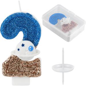 3 x Space Birthday Candle Astronaut Blue Number 2 Candle Outer Space Cake Decorations Spaceship Cupcake Toppers Spaceman Theme Party Decor Favors