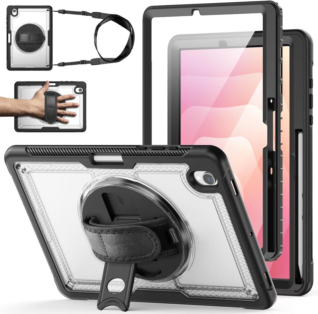 Case for Samsung Galaxy Tab S10 Lite Tablet Case 10.9'' with Screen Protector, Pen Holder, 360Rotate Hand/Stand, Shoulder Strap, Clear