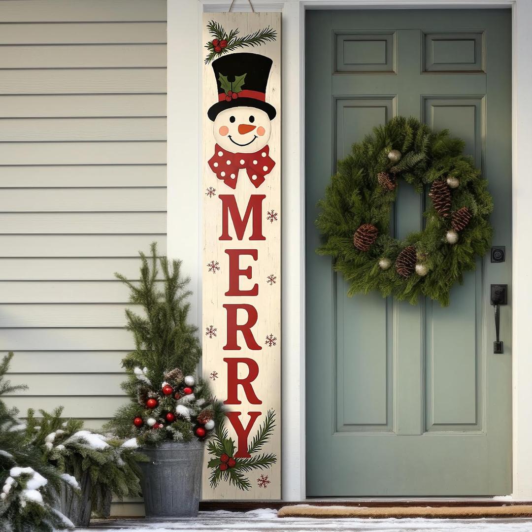 Christmas Welcome Porch Sign 47 Inch Snowman Wooden Hanging Sign Plaques Holiday Decoration for Xmas Front Door Farmhouse Outdoor Indoor Wall Craft Decor