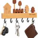 My Castle Wooden Key Holder Wall Mounted with 6 Hooks, Rustic Solid Wood Entryway Organizer, Cute House & Tree Design, Heavy Duty Wall Hooks for Keys, Bags, Hats