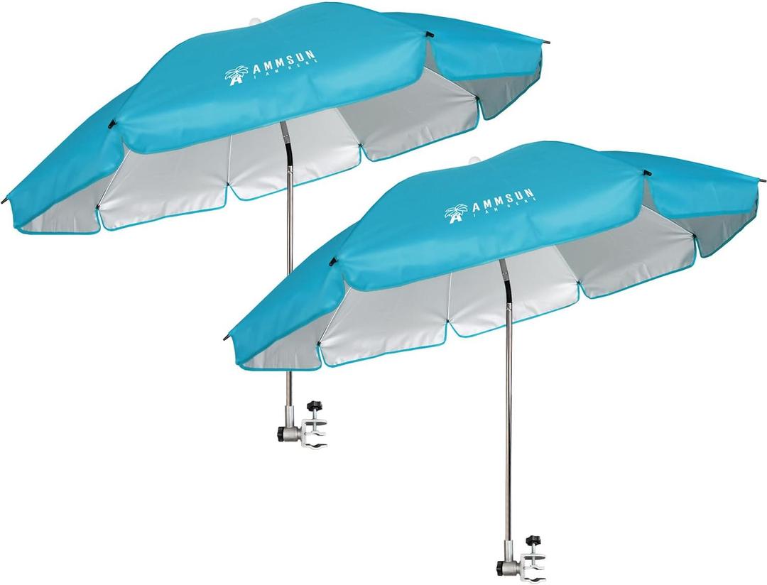 AMMSUN Chair Umbrella with Universal Clamp Adjustable 47 inches and 360 Swivel & UPF 50+ Protection Portable Sun Umbrella, Secure Clip on Camping/Beach Chairs, Stroller, Wheelchair, Golf cart, Lounger, Light Blue, 2 PACK