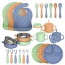 27 Pack Silicone Baby Feeding Set, Hepotk BPA-Free Food Grade Baby Feeding Essentials Utensils, Second Stage Baby Food Eating Utensils, Set of 3 babies (Brown, Blue, Green)