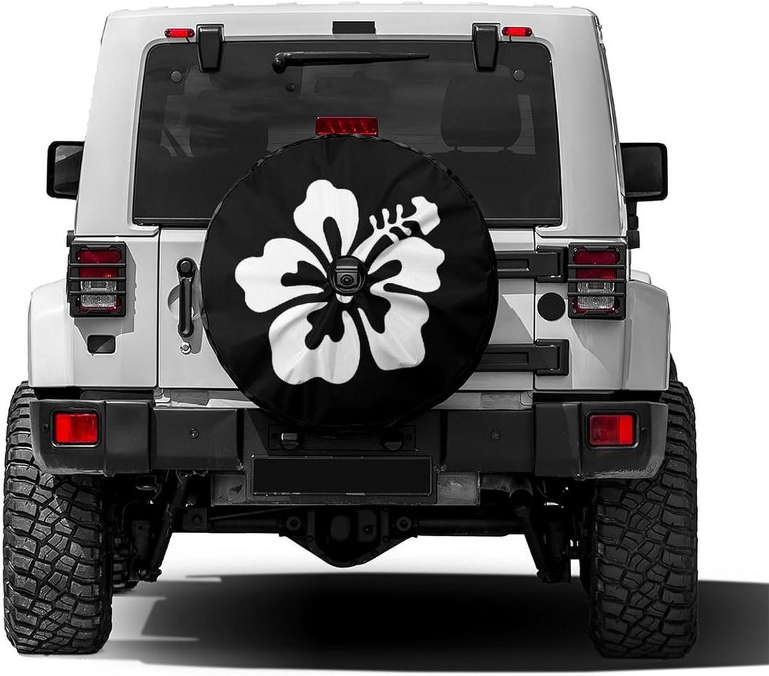 Foruidea White Hibiscus Flower Spare Tire Cover with Backup Camera Hole Wheel Tire Cover Fit Trailer, RV, SUV and Many Vehicle 17inch