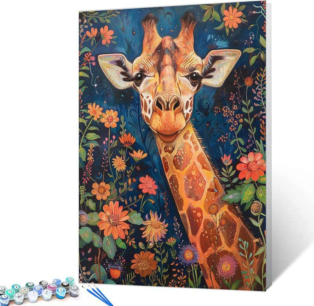Tucocoo Giraffe Portrait DIY Paint by Numbers Kits with Brushes and Acrylic Pigment on Canvas Painting for Adults, Abstract Wildflowers and Animal Pictures for Home Decor Gifts 16''x20'' (DIY Framed)
