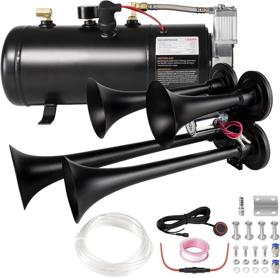 180db Air horn with 0.8 gallon Air Compressor, Super loud train horn kit with 150 PSI Air Tank for Truck, Jeep,Pickup,SUV (Black truck horn kit) 180db Air horn with 0.8 gallon Air Compressor, Super loud train horn kit with 150 PSI Air Tank for Truck, Jeep,Pickup,SUV (Black truck horn kit)