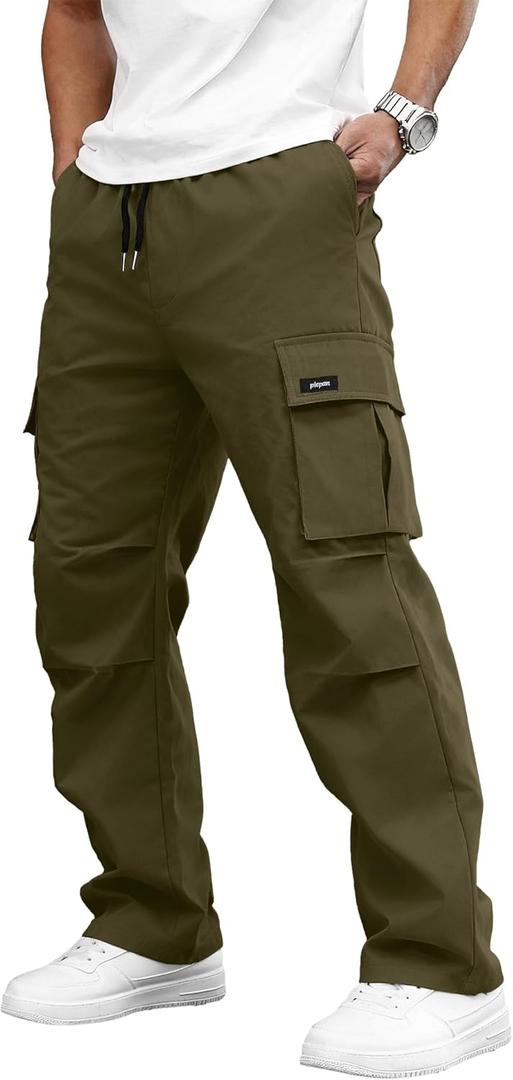 PLEPAN Mens Cargo Pants Casual Straight Leg Drawstring Elastic Waist Athletic Hiking Sweatpants (Large, Army Green)